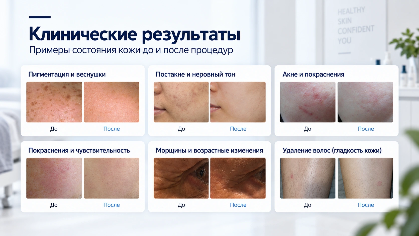 Примеры состояния кожи до и после эстетической процедуры