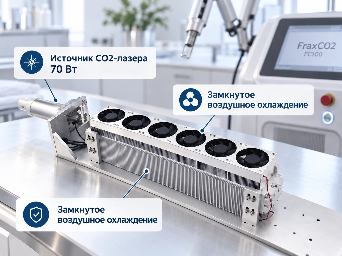 Техническая иллюстрация источника CO2-лазера мощностью 70 Вт и замкнутого воздушного охлаждения FraxCO2 FC100